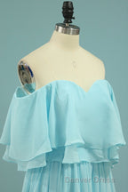 Off the Shoulder Blue Flounce Chiffon Long Bridesmaid Dresses