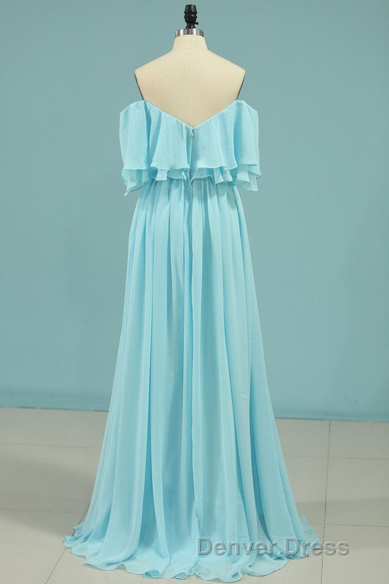 Off the Shoulder Blue Flounce Chiffon Long Bridesmaid Dresses