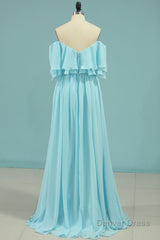 Off the Shoulder Blue Flounce Chiffon Long Bridesmaid Dress