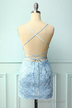 Light Blue Tight Hoco Dresses with Appliques