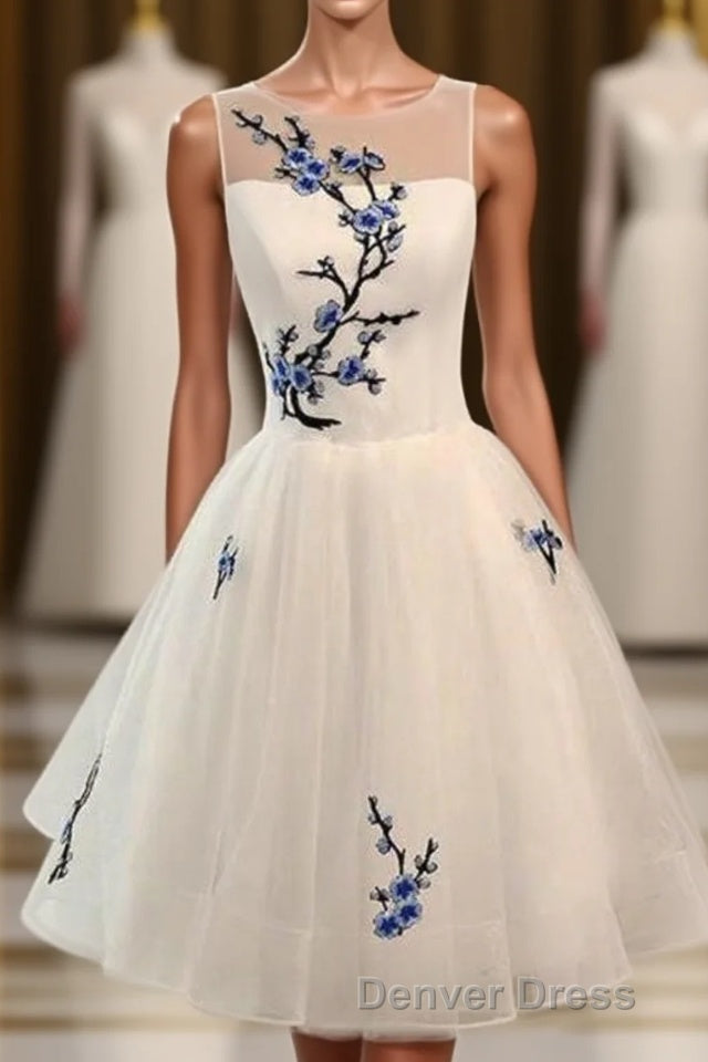 Ivory Sheer Sleeveless Floral Short Homecoming Dresses