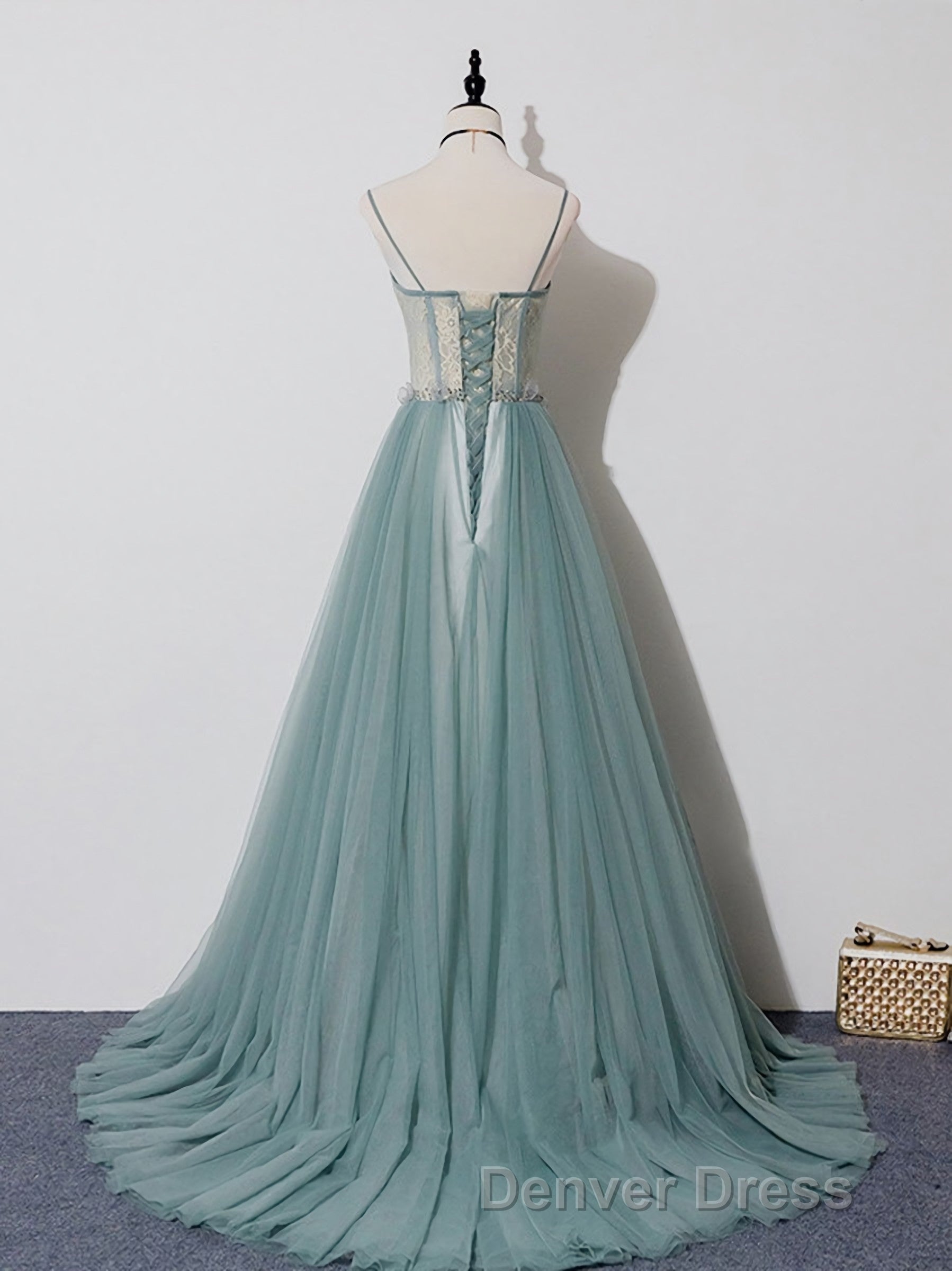 Green A Line Tulle Lace Long Prom Dresses, Green Tulle Formal Dresses