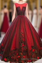 Burgundy Round Neck Tulle Lace Applique Long Prom Dresses, Burgundy Evening Dresses