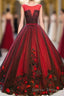 Burgundy Round Neck Tulle Lace Applique Long Prom Dresses, Burgundy Evening Dresses