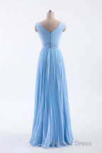 Blue Pleated A-line Chiffon Long Bridesmaid Dresses