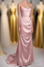 Pink Scoop Neck Lace-Up Back Long Formal Dresses with Slit