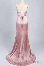 Pink Scoop Neck Lace Up Back Long Prom Dresses with Slit