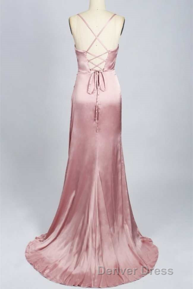 Pink Scoop Neck Lace Up Back Long Prom Dresses with Slit