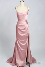 Pink Scoop Neck Lace Up Back Long Prom Dresses with Slit