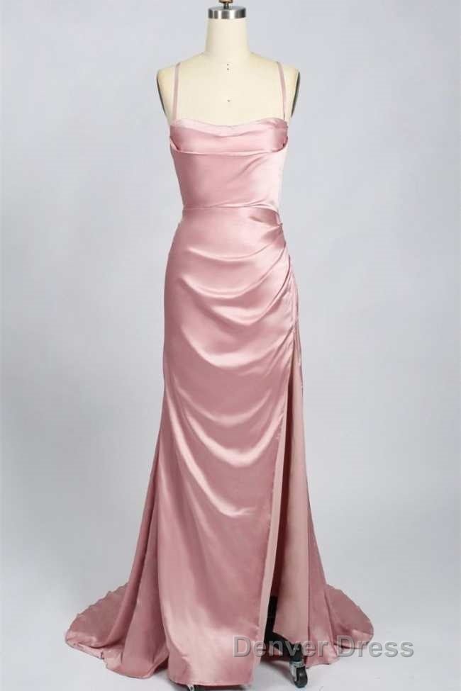 Pink Scoop Neck Lace Up Back Long Prom Dresses with Slit