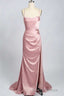 Pink Scoop Neck Lace Up Back Long Prom Dresses with Slit