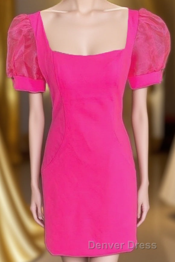 Fuchsia Puff Sleeves Square Neck Sheath Homecoming Dresses Main image
