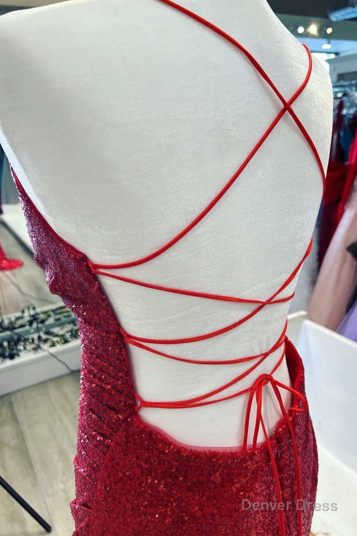 Red Sequin Lace Up Back Mermaid Long Prom Dresses with Slit