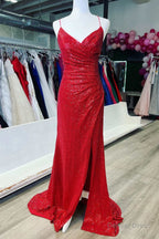 Red Sequin Lace Up Back Mermaid Long Prom Dresses with Slit