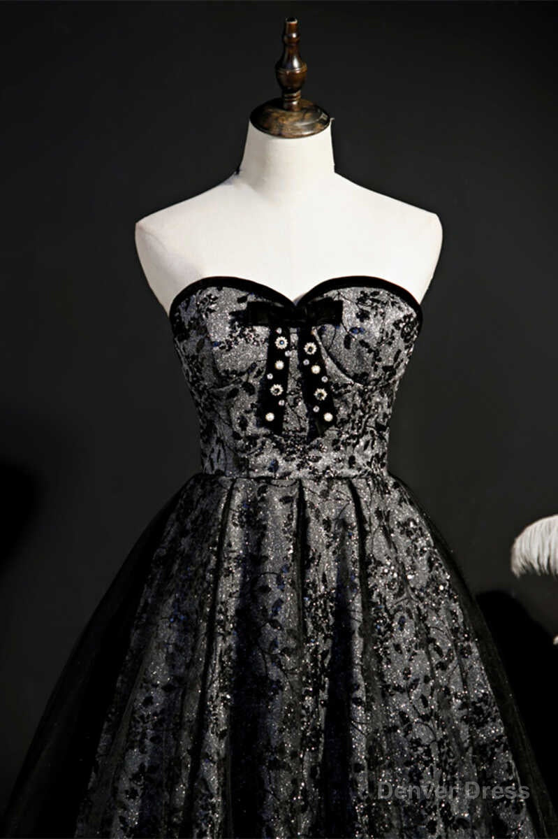 Black Print Sweetheart A-Line Homecoming Dress with Bow Main image