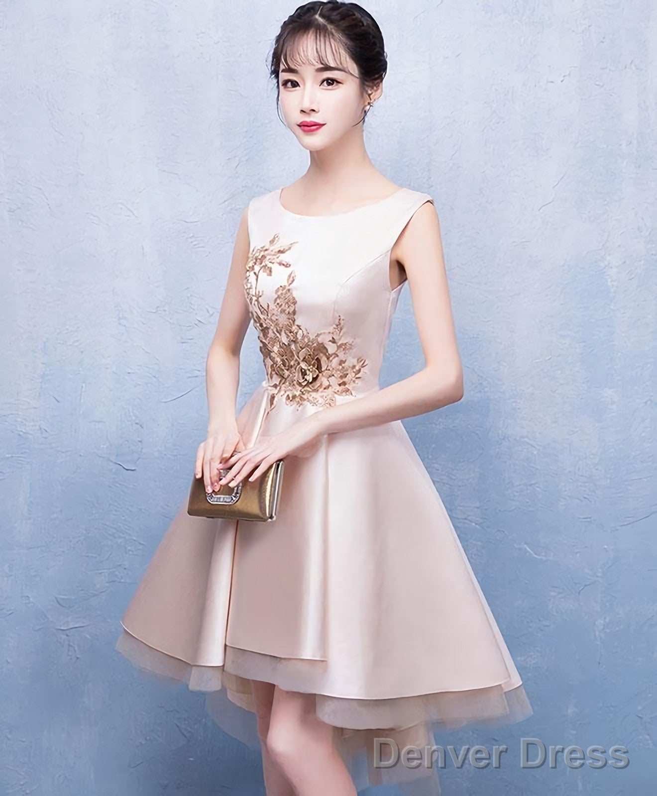 Champagne Satin Lace Short Prom Dress Champagne Homecoming Dress