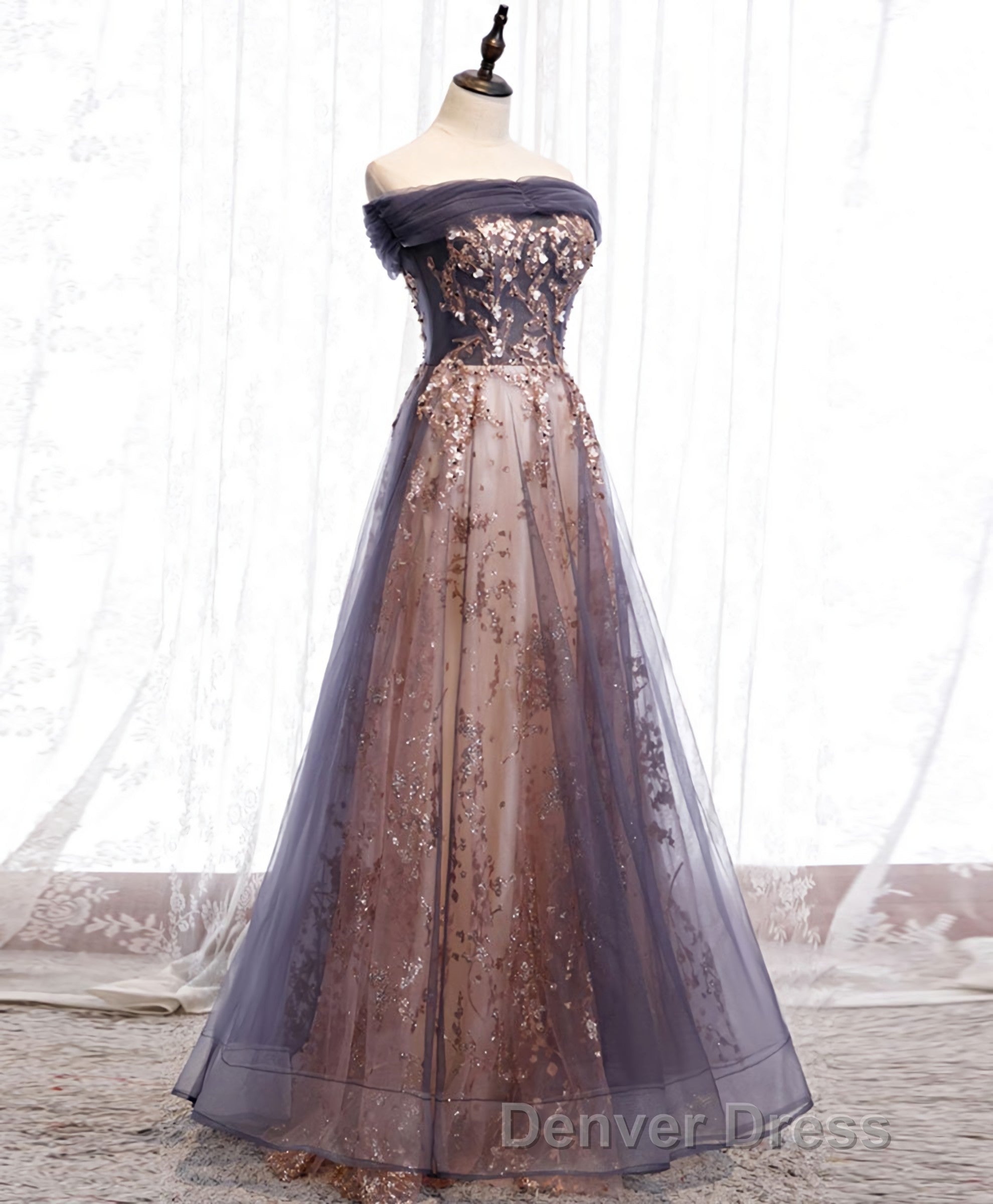 Unique Tulle Off Shoulder Lace Long Prom Dresses, Lace Formal Dresses Secondary image