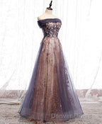 Unique Tulle Off Shoulder Lace Long Prom Dresses, Lace Formal Dresses