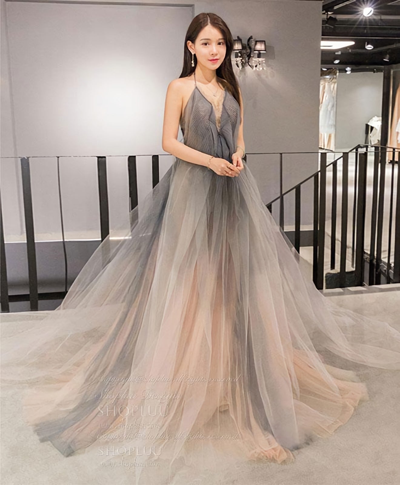 Gray V Neck Tulle Long Prom Dress Gray Tulle Prom Dresses 1