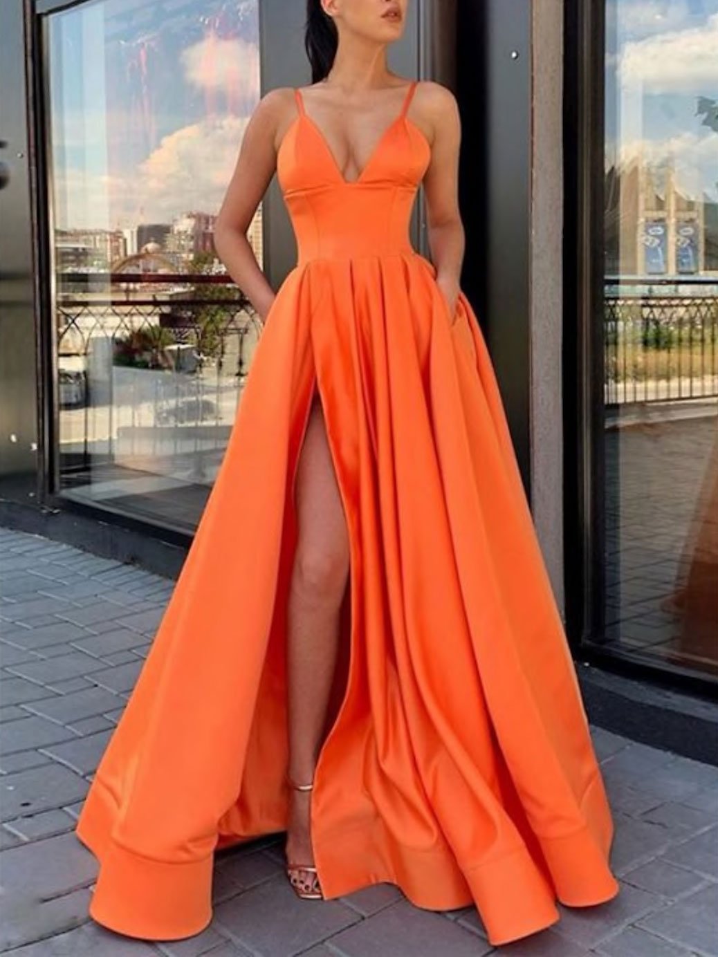 Simple A Line V Neck Satin Long Prom Dress Satin Prom Dresses