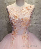 Pink Round Neck Tulle Lace Long Prom Dress, Lace Prom Dresses