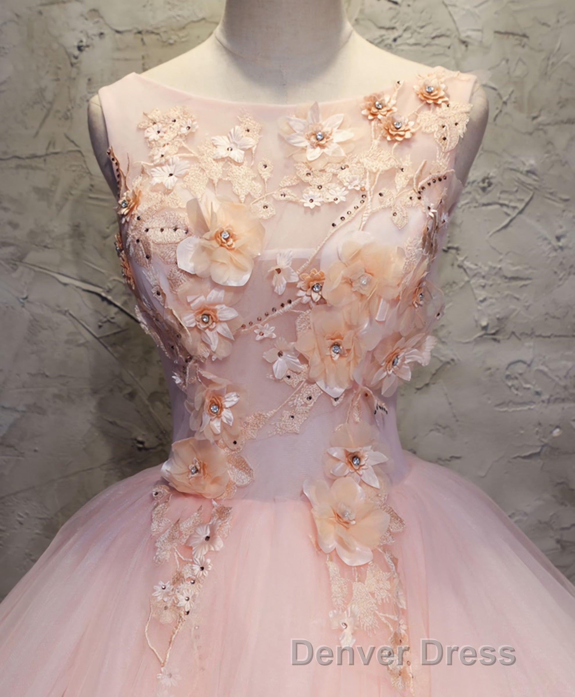 Pink Round Neck Tulle Lace Long Prom Dress, Lace Prom Dresses