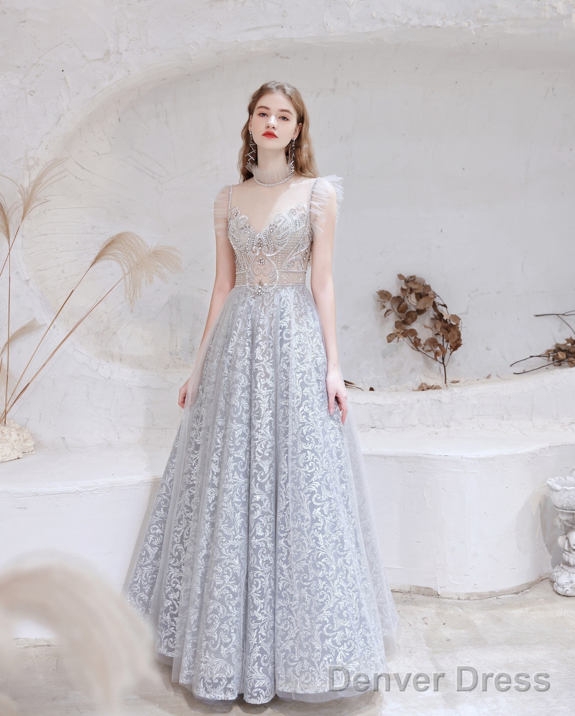 Gorgeous Beading High Neck Tulle Prom Dresses, With Cape Sleeves