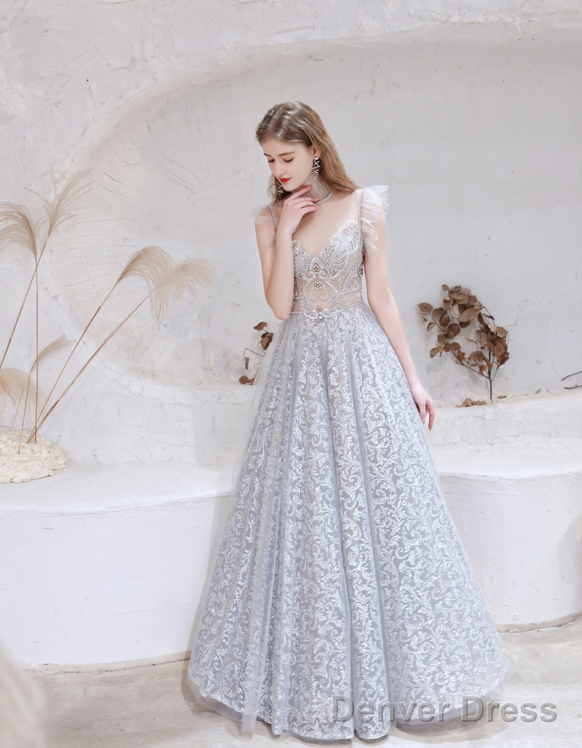 Gorgeous Beading High Neck Tulle Prom Dresses, With Cape Sleeves