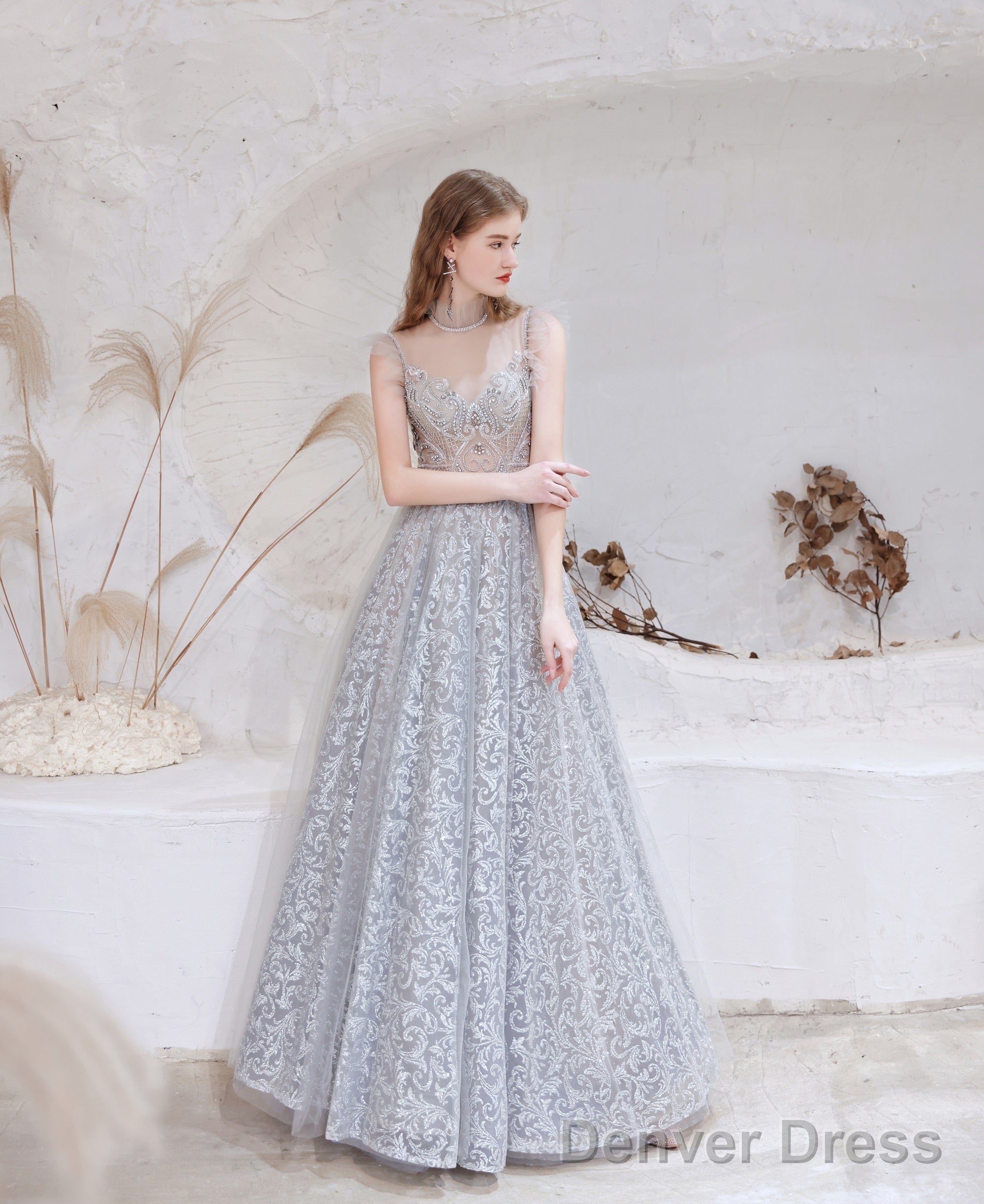 Gorgeous Beading High Neck Tulle Prom Dresses, With Cape Sleeves