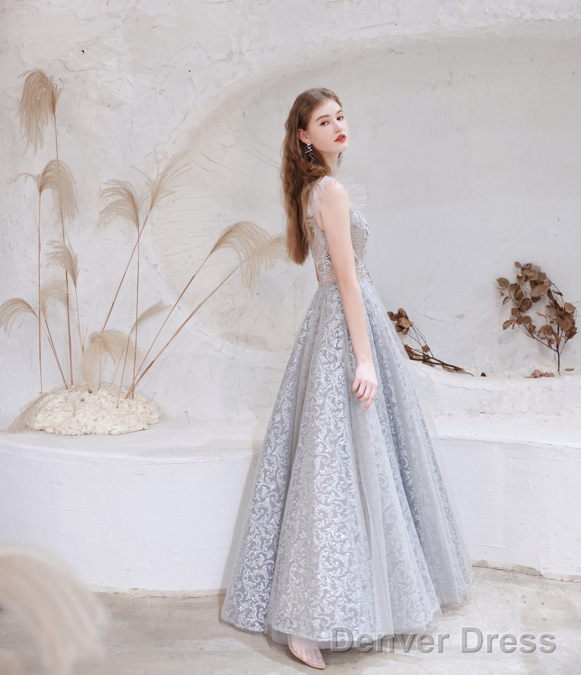 Gorgeous Beading High Neck Tulle Prom Dresses, With Cape Sleeves