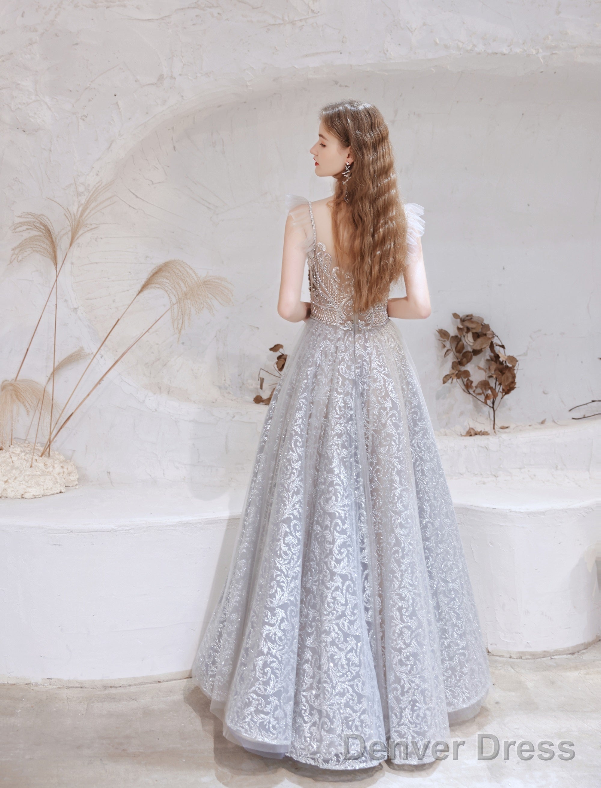 Gorgeous Beading High Neck Tulle Prom Dresses, With Cape Sleeves