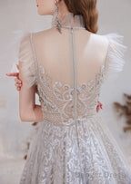 Gorgeous Beading High Neck Tulle Prom Dresses, With Cape Sleeves