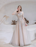 A Line Bateau Prom Dress, Long Neck With Train Sleeveless Zipper Prom Dresses