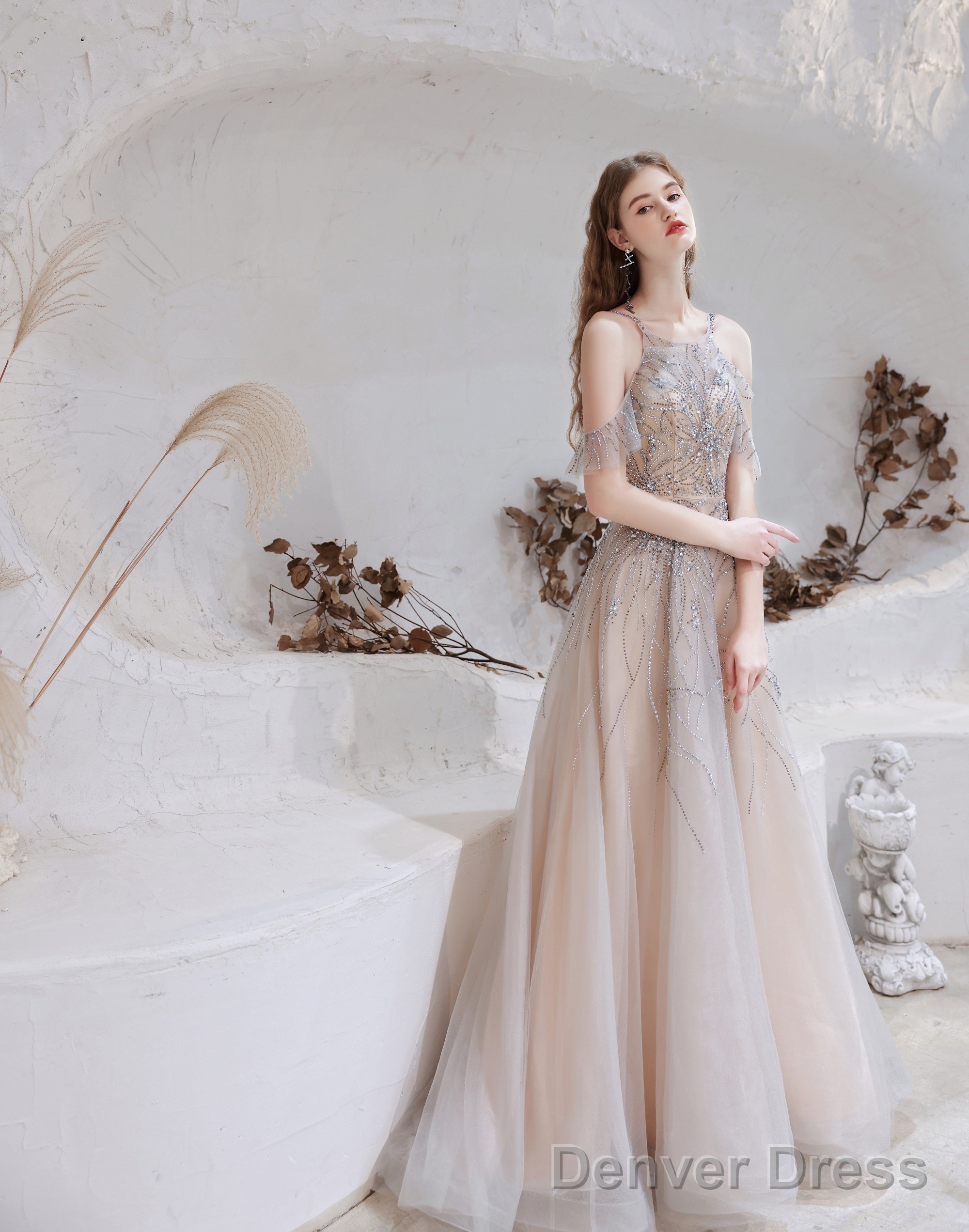 A Line Bateau Prom Dress, Long Neck With Train Sleeveless Zipper Prom Dresses