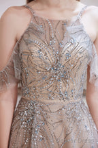 A Line Bateau Prom Dress, Long Neck With Train Sleeveless Zipper Prom Dresses