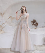 A Line Bateau Prom Dress, Long Neck With Train Sleeveless Zipper Formal Party Dresses