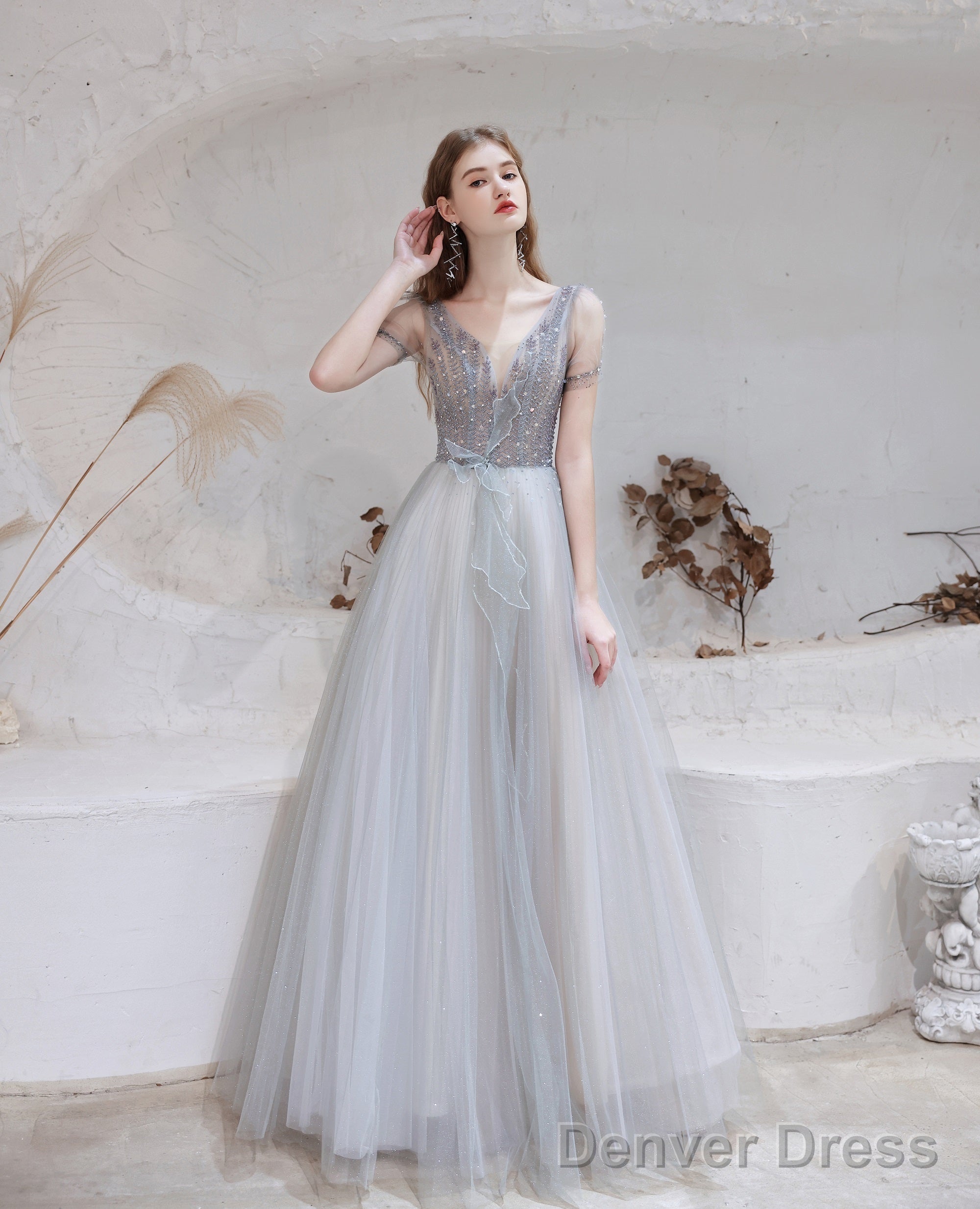 Elegant Prom Dress, Prom V Neck Short Sleeves Beaded Tulle Dresses, A Ling Floor Length