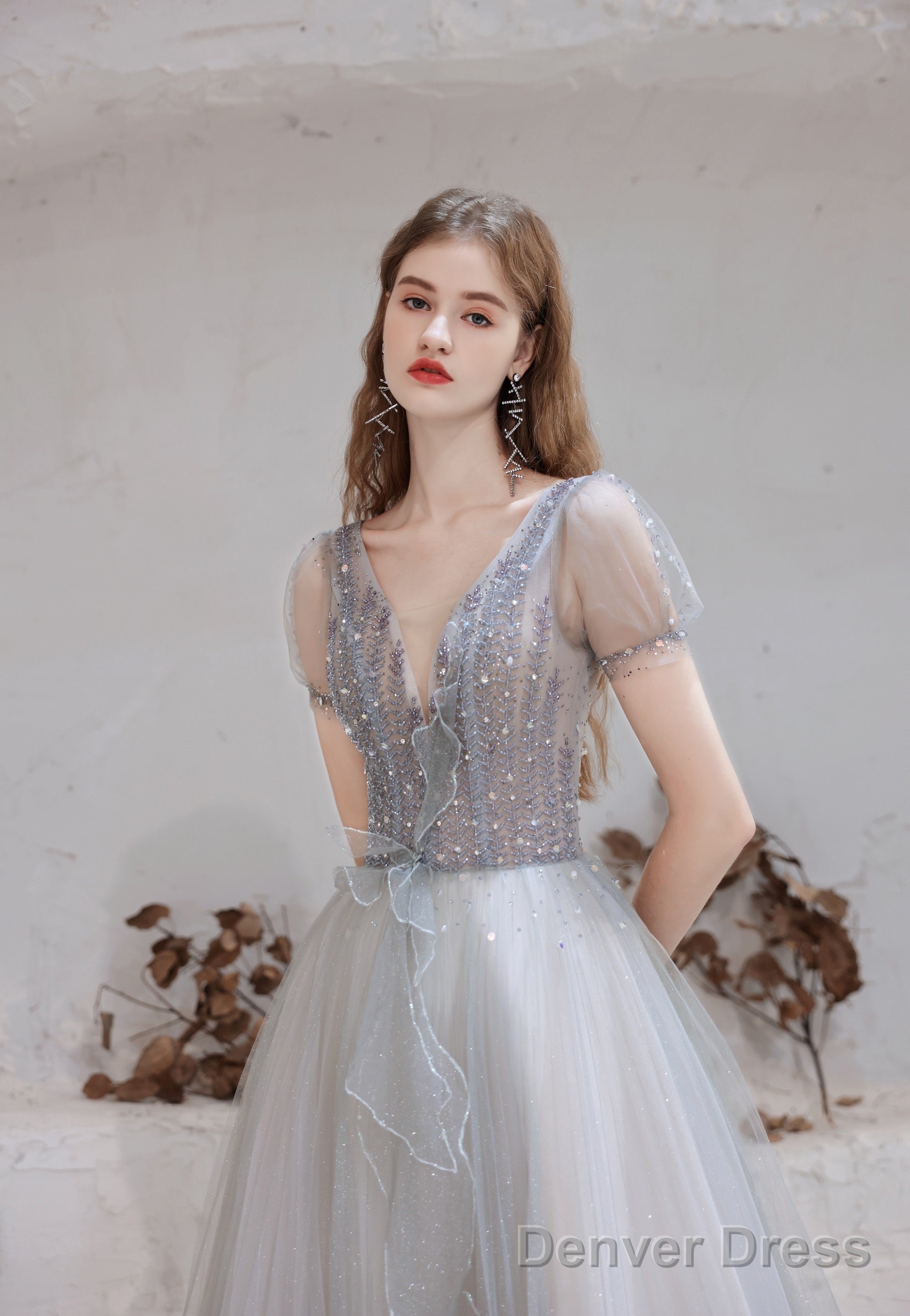 Elegant Prom Dress, Formal V Neck Short Sleeves Beaded Tulle Dresses, A Ling Floor Length Secondary image