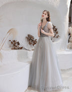Elegant Prom Dress, Prom V Neck Short Sleeves Beaded Tulle Dresses, A Ling Floor Length