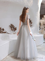 Elegant Prom Dress, Formal V Neck Short Sleeves Beaded Tulle Dresses, A Ling Floor Length