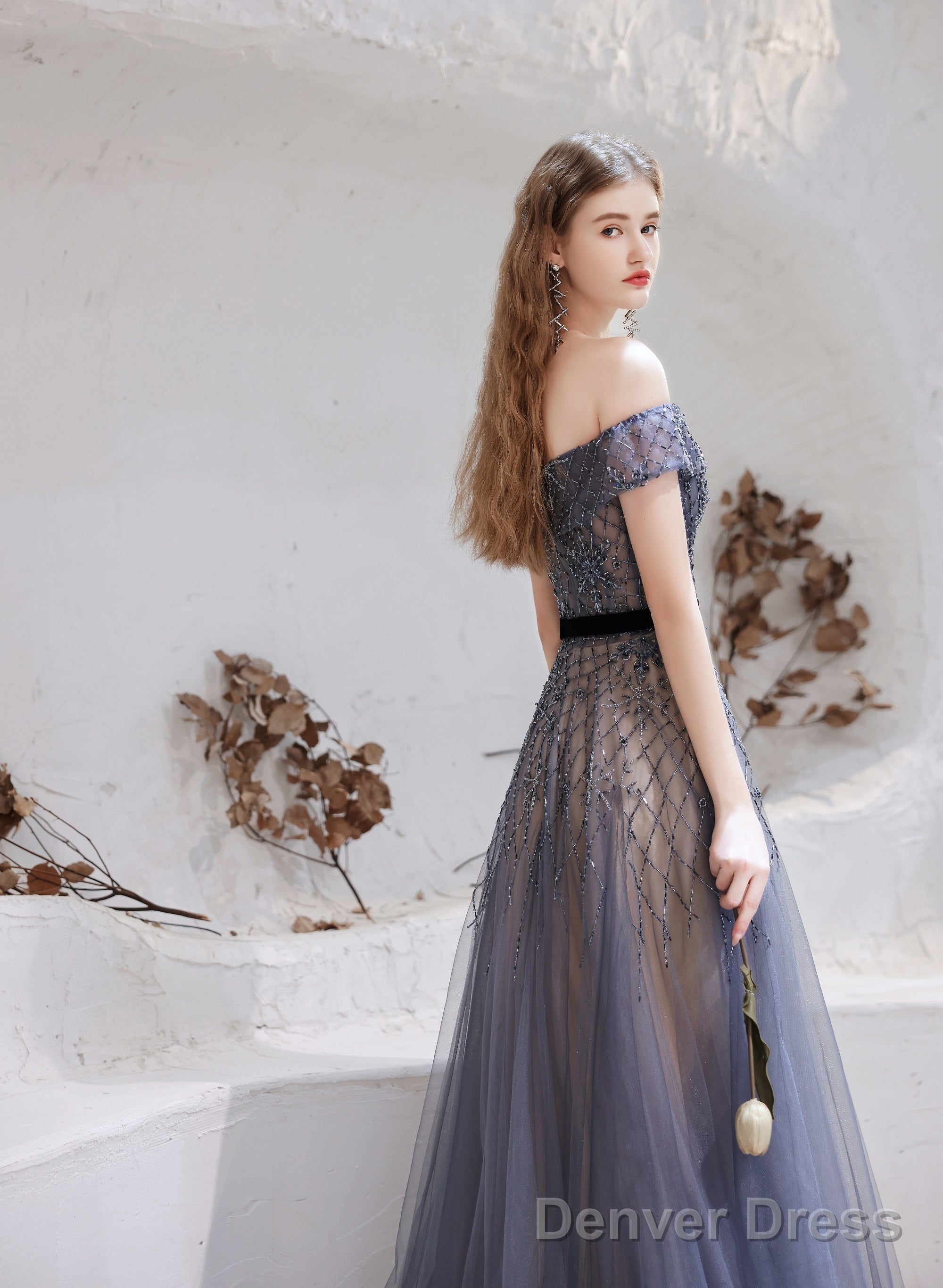 Evening Dress, Blue Prom Dresses, A Line Bateau Neck Floor Length Short Sleeves Zipper Formal Party Dresses, Pageant Dresses