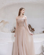 Prom Dress Nude Color A Line Bateau Neck Floor Length Sequins Prom Dress Pageant Dresses