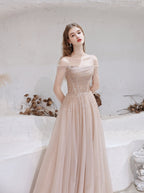 Prom Dress Nude Color A Line Bateau Neck Floor Length Sequins Prom Dress Pageant Dresses
