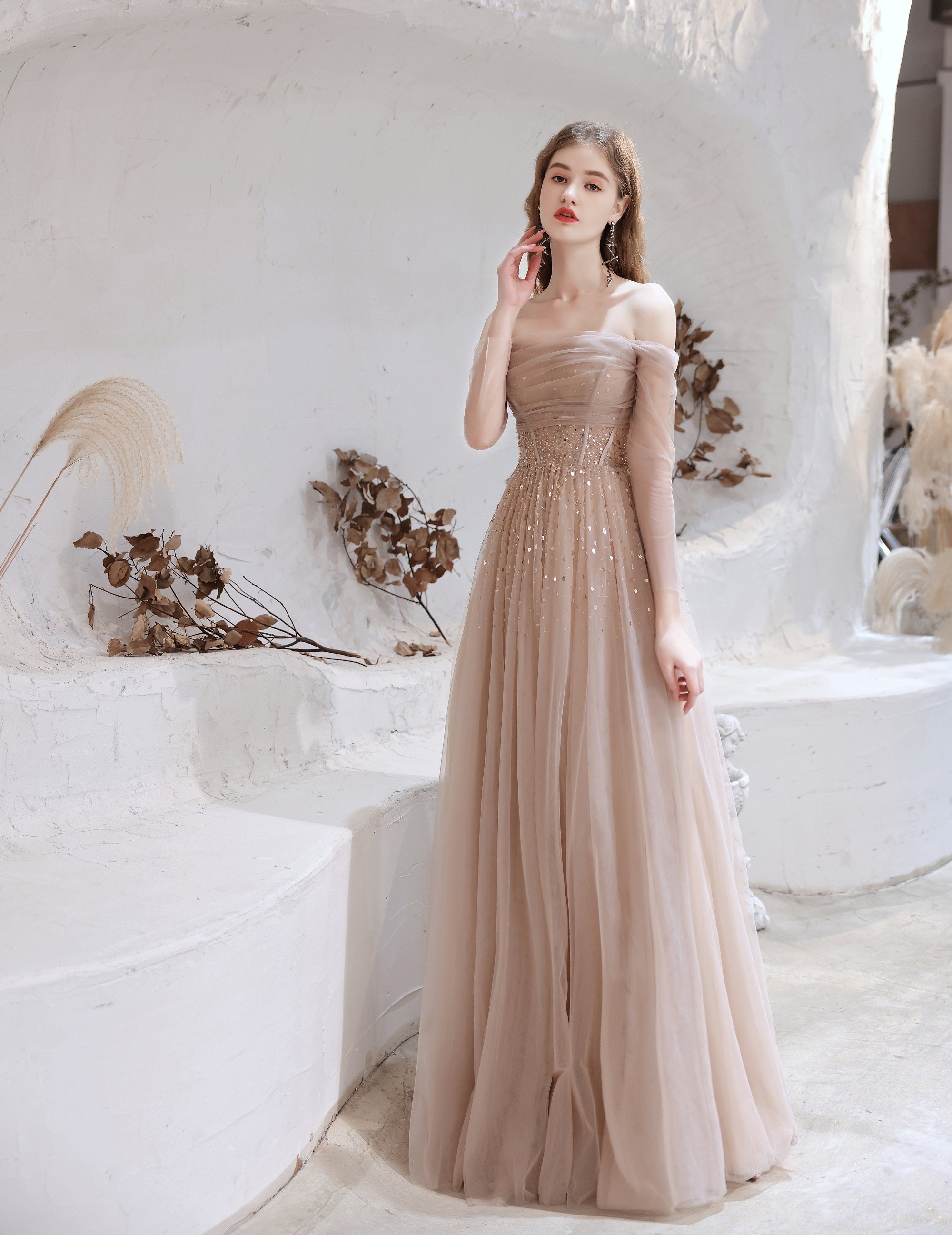 Prom Dress Nude Color A Line Bateau Neck Floor Length Sequins Prom Dress Pageant Dresses