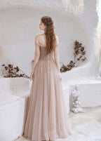 Prom Dress Nude Color A Line Bateau Neck Floor Length Sequins Prom Dress Pageant Dresses