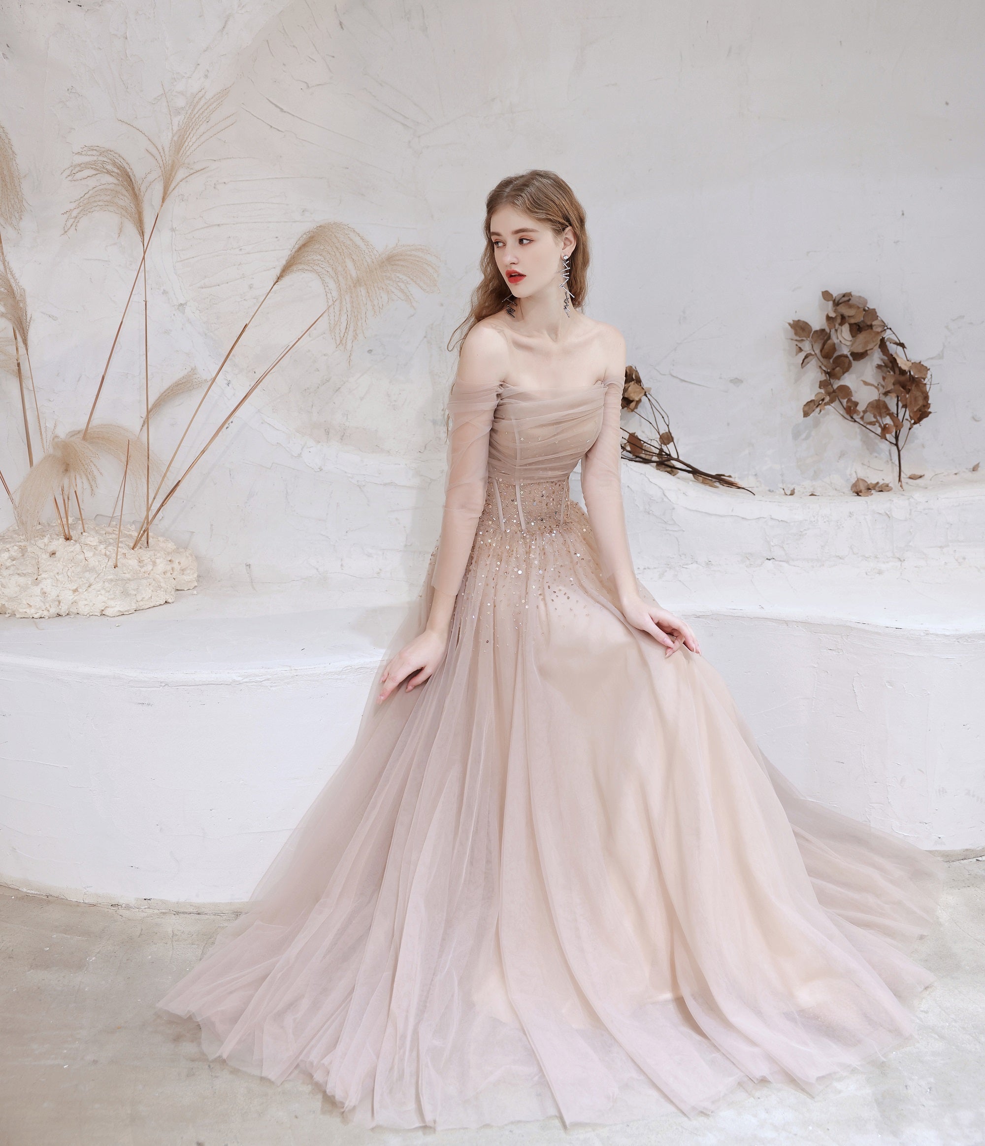 Prom Dress Nude Color A Line Bateau Neck Floor Length Sequins Prom Dress Pageant Dresses