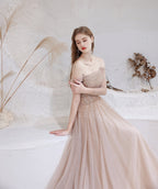 Prom Dress Nude Color A Line Bateau Neck Floor Length Sequins Prom Dress Pageant Dresses