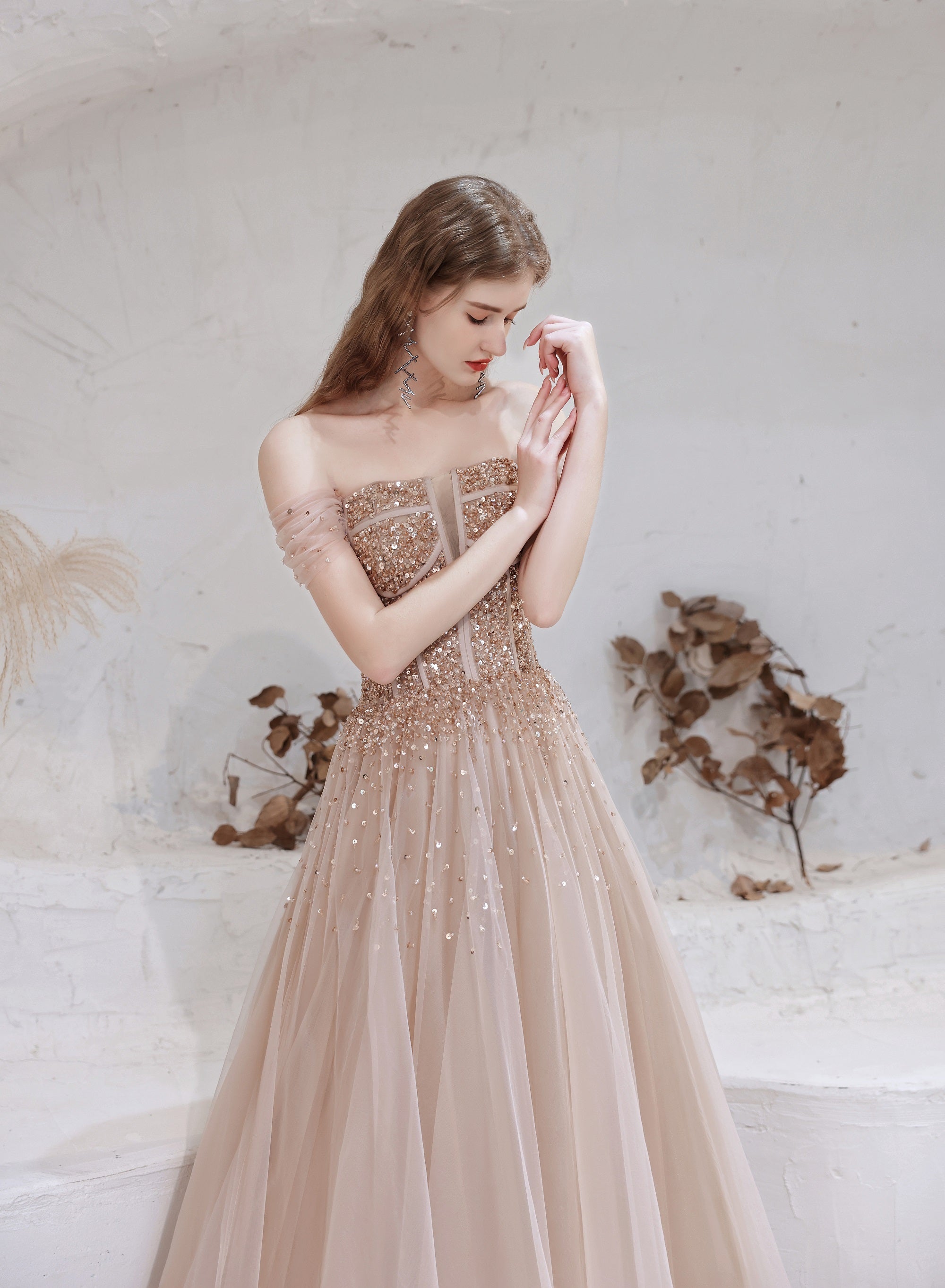 A Line Prom Dress Strapless Starlight Princess Champagne Prom Dress Long Prom Dresses