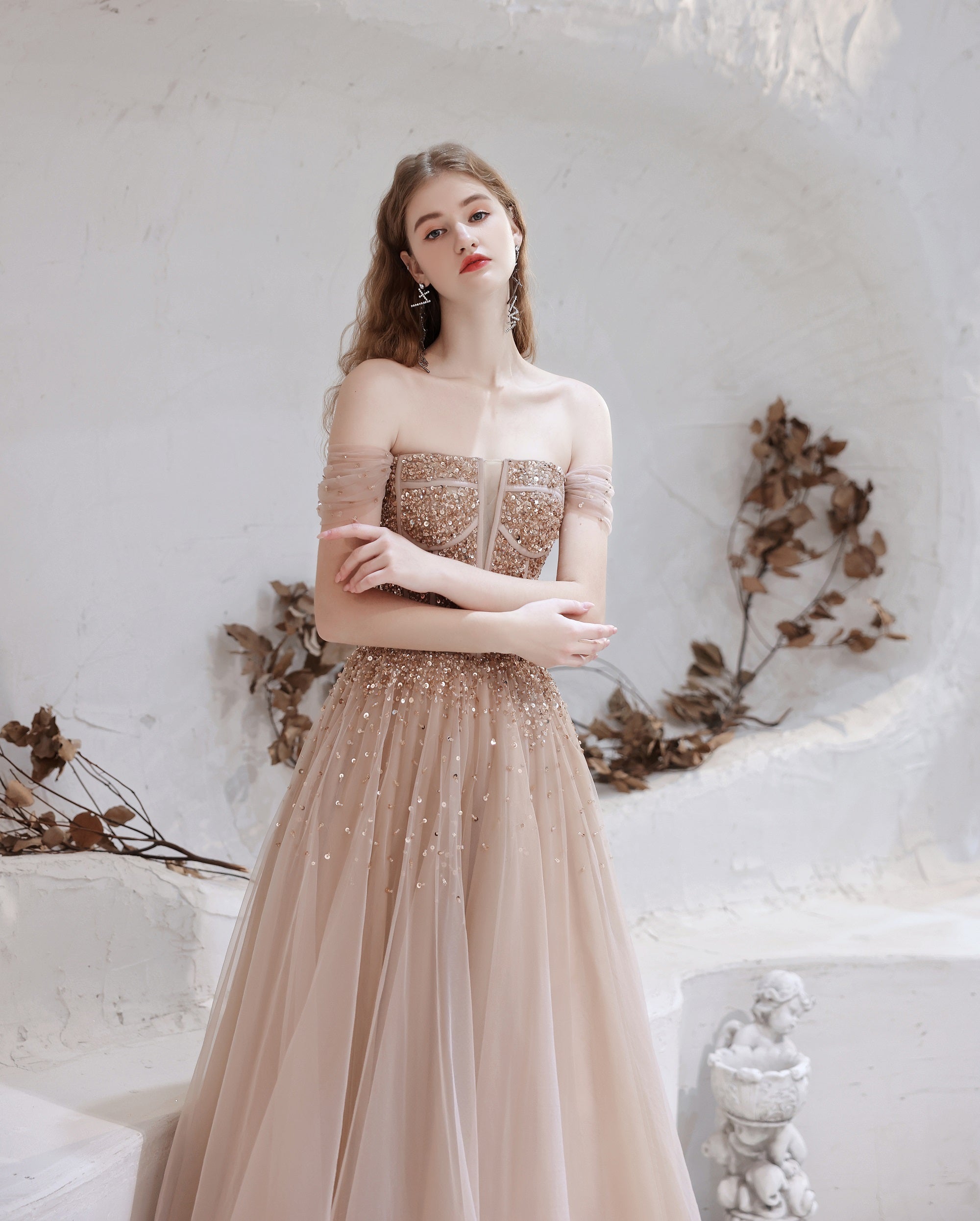 A Line Prom Dress Strapless Starlight Princess Champagne Prom Dress Long Prom Dresses