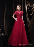 Burgundy Prom Dress, Tulle High Neck Cap Sleeve Backless Beading Prom Dresses